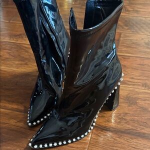 Black Patent Leather Ankle Boots with Rhinestone Trim